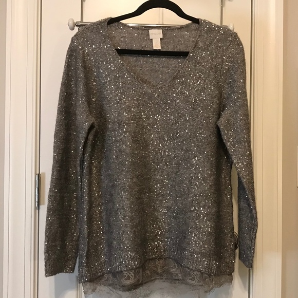 Chico’s long sleeved heather gray vneck sweater with tiny metallic sequins (L) - Picture 1 of 16